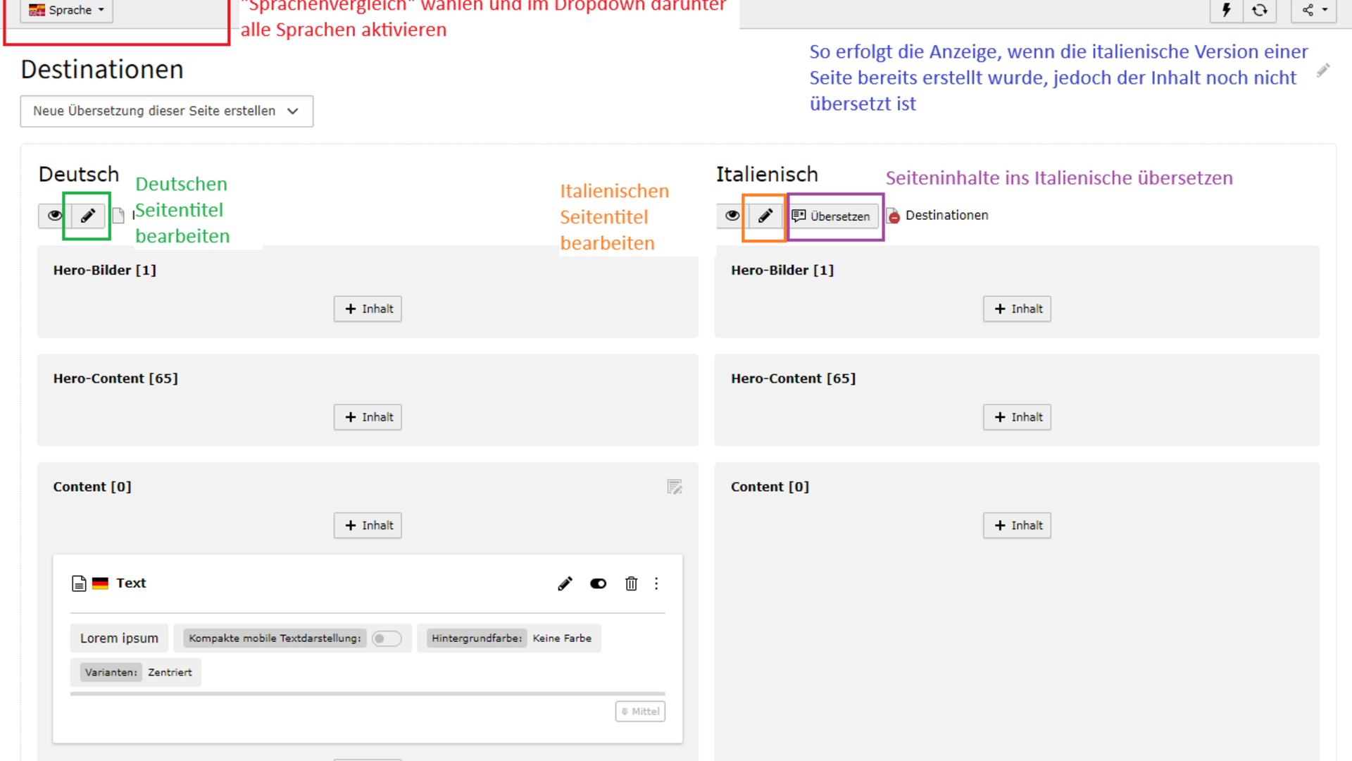 Allgemeine Infos zur Website Benutzeroberfläche zum Vergleichen und Bearbeiten von mehrsprachigem Seiteninhalt