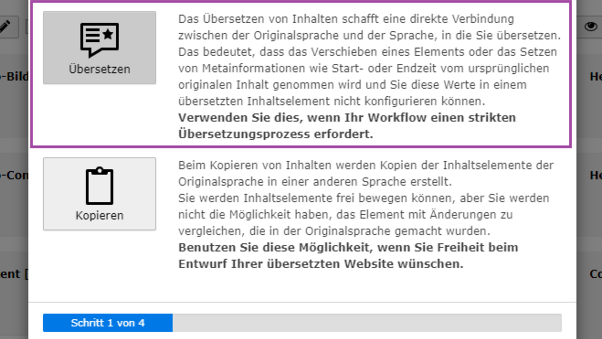 Allgemeine Infos zur Website Dialogfenster zum Lokalisieren der Seite 'Destinationen' ins Italienische mit Übersetzen- und Kopieren-Optionen
