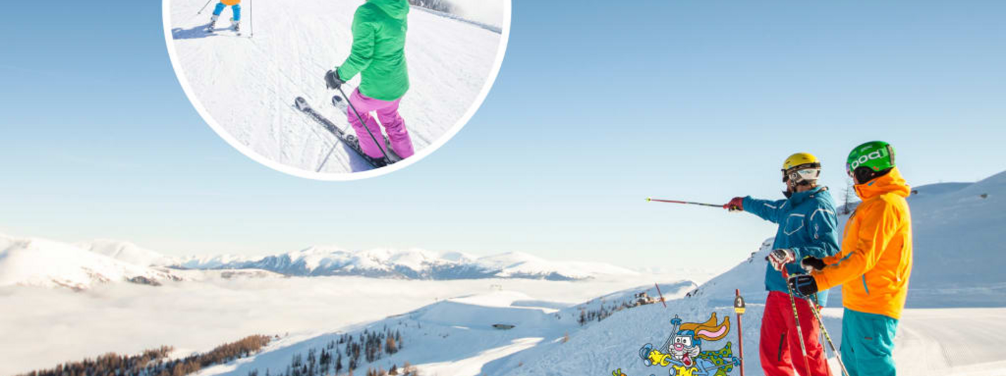 Sonnenskilauf Kurzgenuss (bis 3 NÄ) Twee skiërs op een berg wijzen naar een groep skiërs in een ronde inset