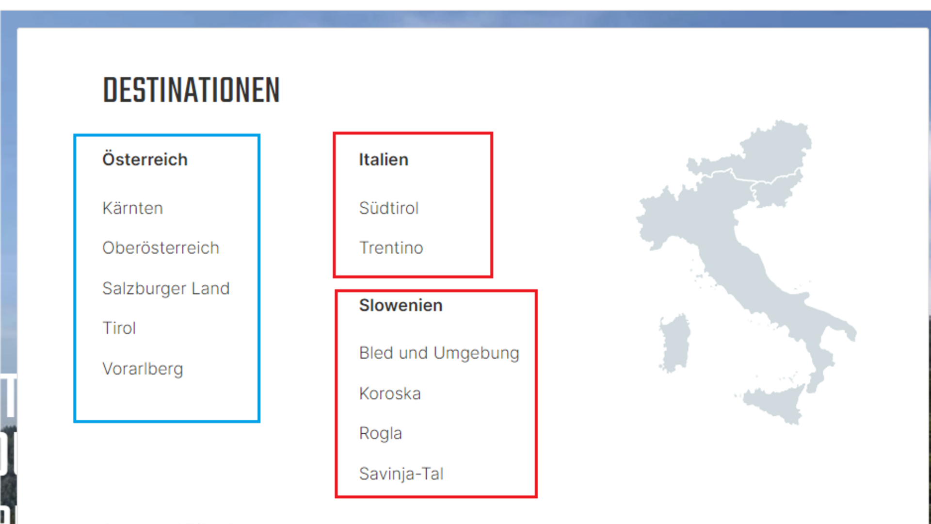 Header Karte von Italien mit markierten Mountainbike-Destinationen in Österreich, Italien und Slowenien.