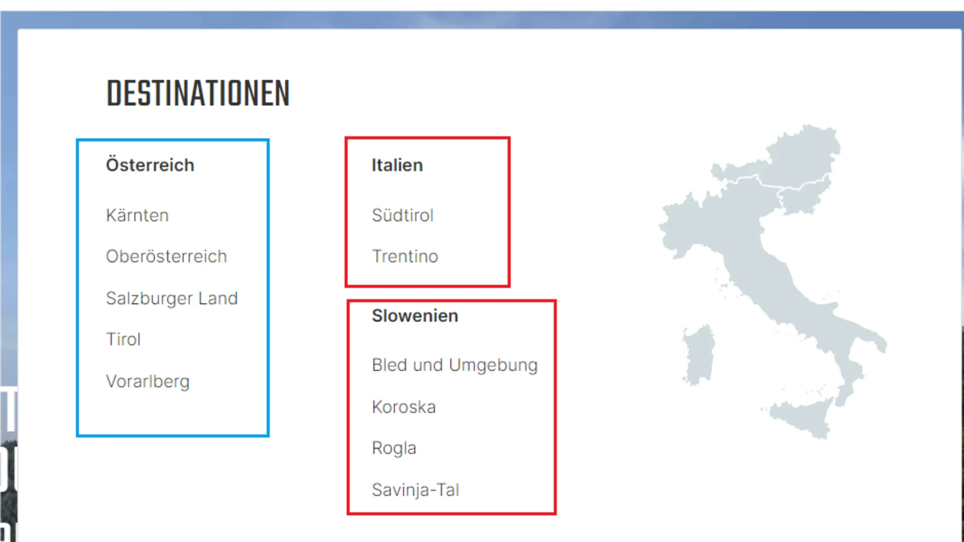 Karte von Italien mit markierten Mountainbike-Destinationen in Österreich, Italien und Slowenien.