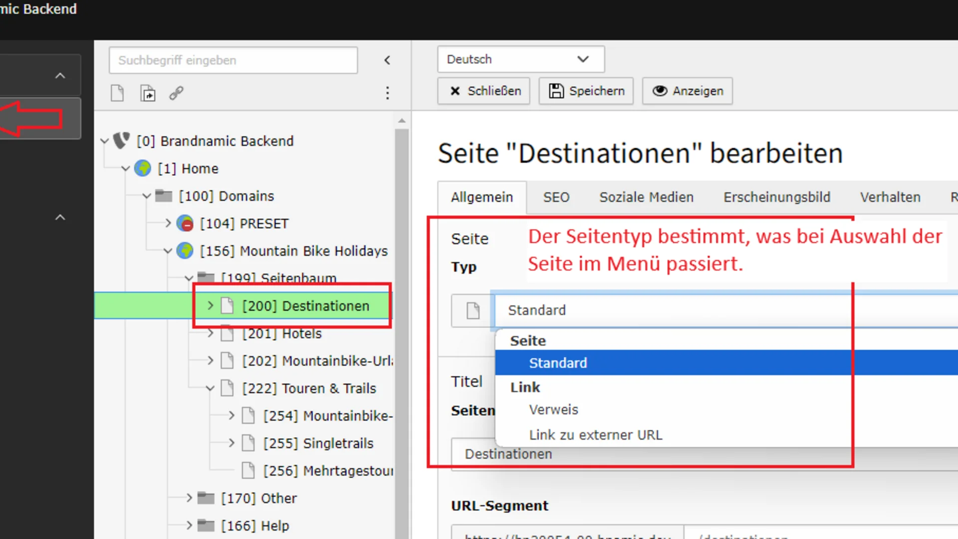 Backend-Ansicht zur Bearbeitung des Seitentyps einer Seite namens Destinationen