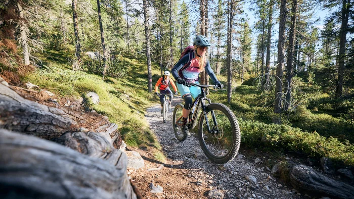 Touren & Trails © Tobias Köhler Zwei Personen fahren Mountainbike auf einem bergigen Waldpfad