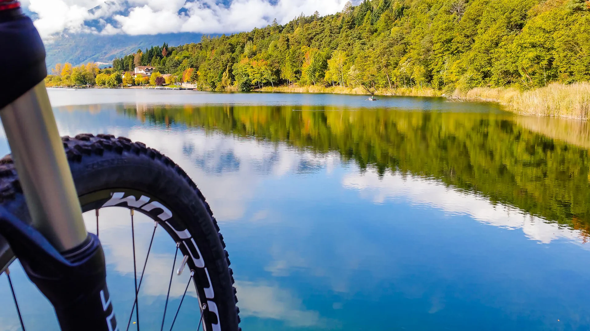 Fahrradreifen vor einem ruhigen See mit Wald und Bergen im Hintergrund