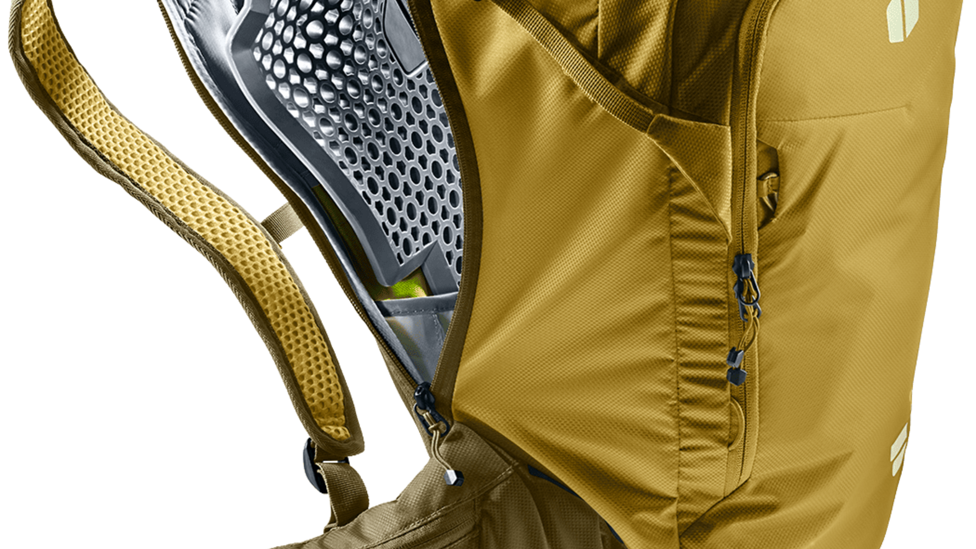 Gelber Rucksack mit offenem Rückenpolster und gepolsterten Schultergurten