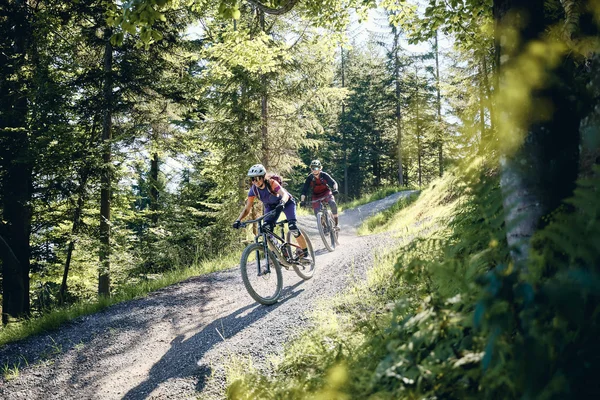 Meerdaagse tours © Tobias Köhler Twee vrouwen mountainbiken op bospaadje bij zonnig weer