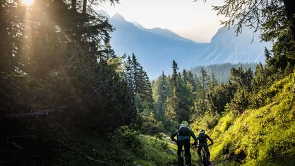 Zwei Mountainbiker fahren auf einem Waldweg in den Bergen bei Sonnenlicht