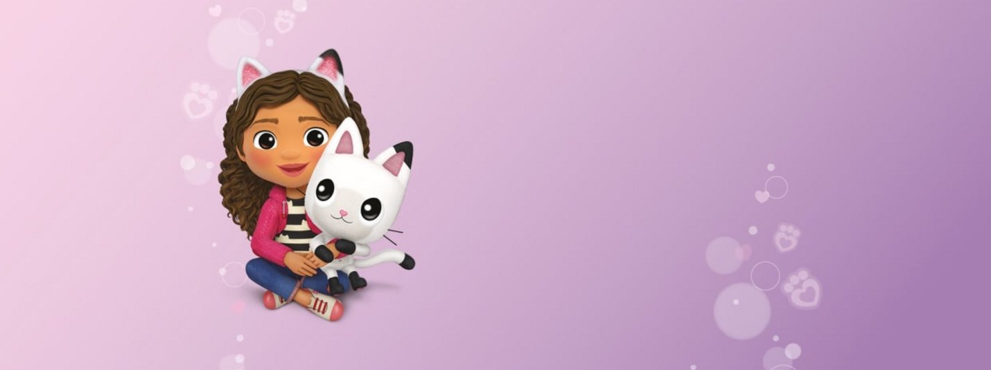 Gabby´s Purrfect Moments Mädchen mit Katzenohren hält weiße Katze vor lila Hintergrund