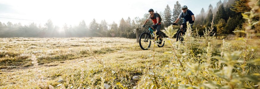 Zwei Männer fahren Mountainbike auf Waldweg bei Sonnenaufgang