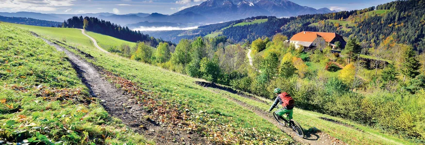 Mountainbiker auf Trail in grüner Hügellandschaft mit Berg und Haus