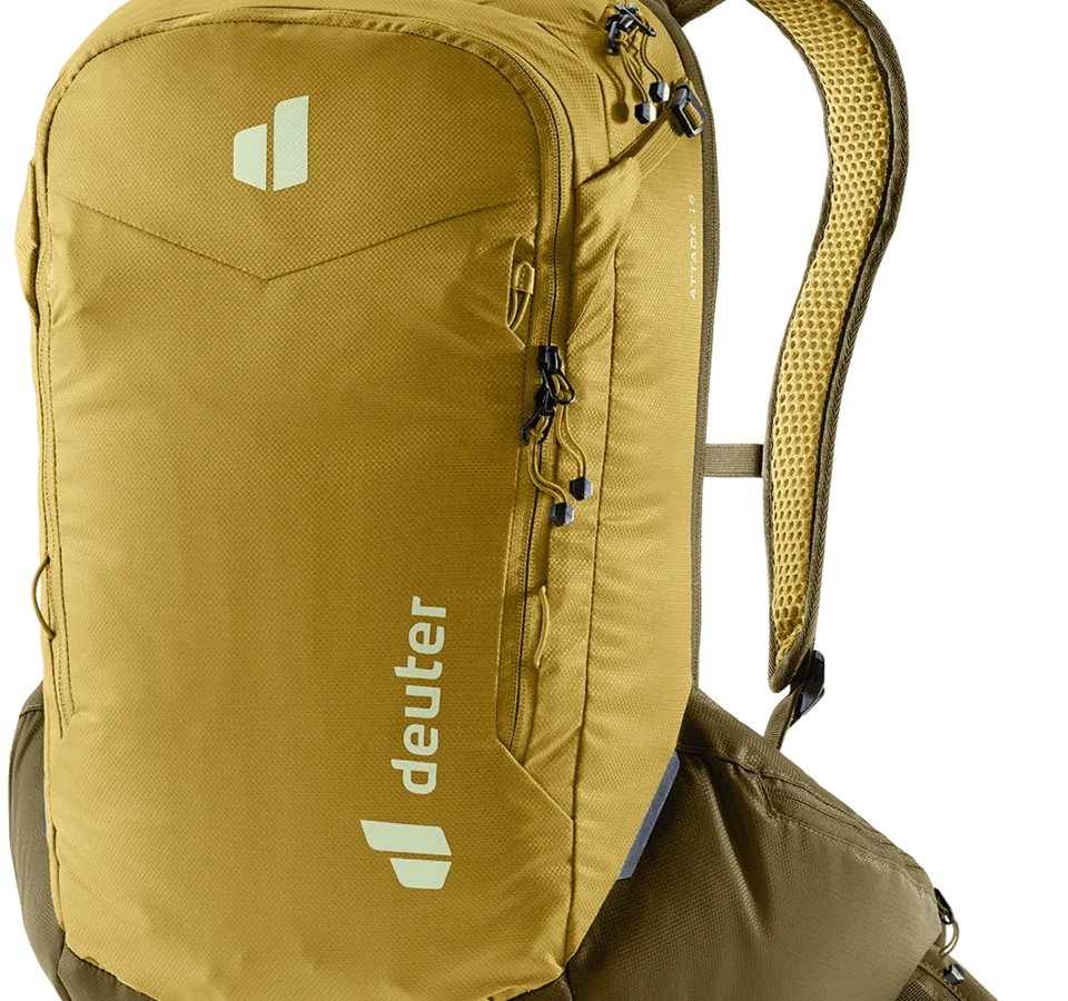 gelber deuter rucksack mit mehreren fächern und gepolsterten trägern
