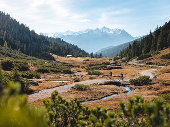 Two cyclists on a mountain trail with snow-capped peaks in the background