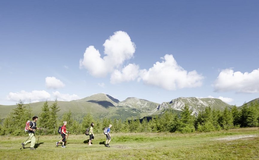 Vier Wanderer mit Rucksäcken in einer Berglandschaft bei klarem Himmel