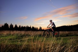 Proga 5 © Dan Briski Mann fährt Mountainbike auf Wiese bei Sonnenuntergang