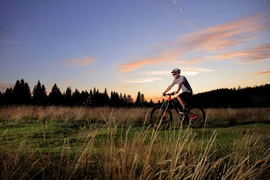 Man mountain biking on grass field at sunset