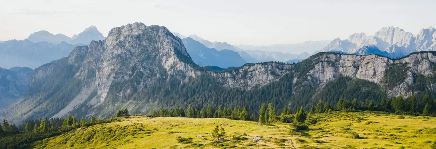 Two cyclists on a trail in the Alps with mountains and green grass