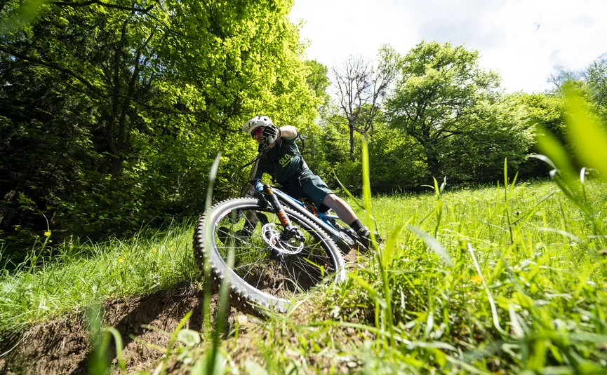 Mountainbiker fährt im Wald über eine Wurzel auf einem Trail