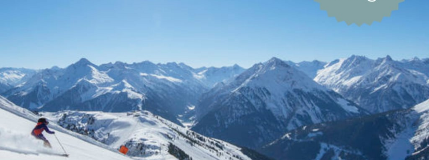 Two skiers skiing on a snowy mountain under bright sun