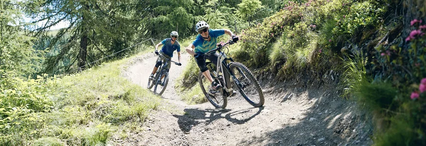 Bruneck - Kronplatz © Tobias Köhler Zwei Mountainbiker fahren einen steinigen Waldweg im Sommer hinunter