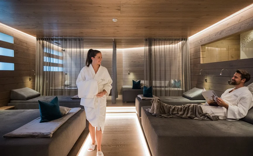Relaxed man and woman in bathrobes in a modern wellness room