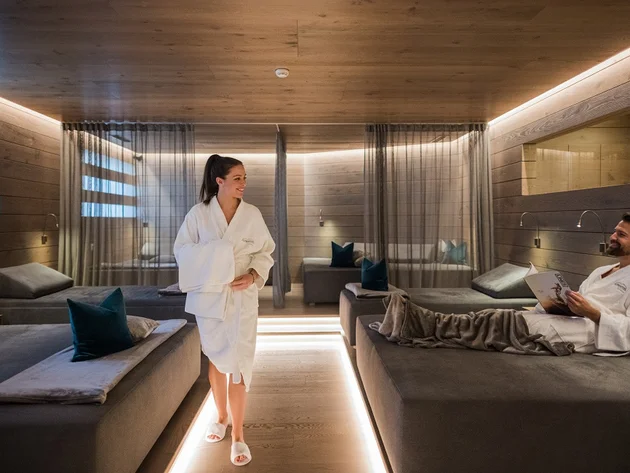 Relaxed man and woman in bathrobes in a modern wellness room