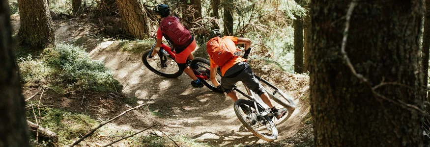 Zwei Mountainbiker fahren auf einem kurvigen Waldweg