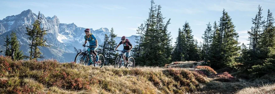 Biken & Genießen im Montanara © Salzburger Sportwelt Altenmarkt Zauchensee Zwei Mountainbiker fahren auf einem Pfad in Gebirgslandschaft mit Tannen