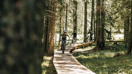 Rogla - Pohorje © Denis Janežič, Unitur Vier Mountainbiker fahren auf einem Holzsteg durch einen Wald