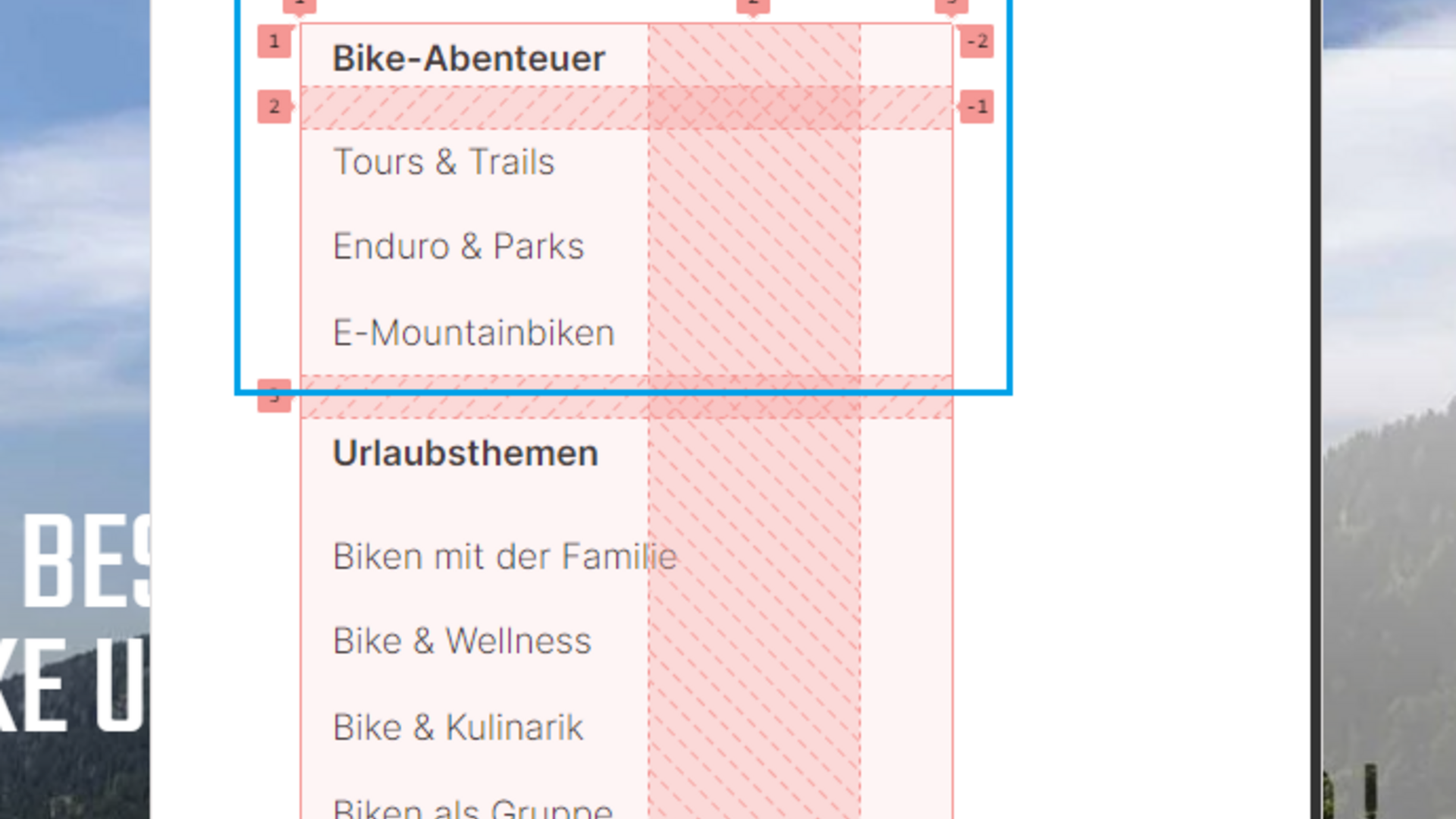Header Navigationsmenü für Mountainbike-Urlaub mit Kategorien und Themen