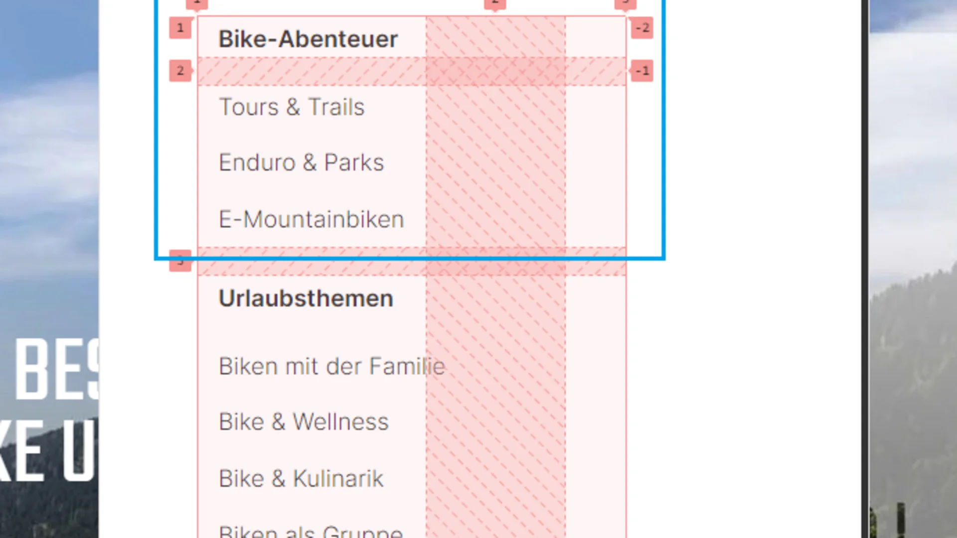 Navigationsmenü für Mountainbike-Urlaub mit Kategorien und Themen