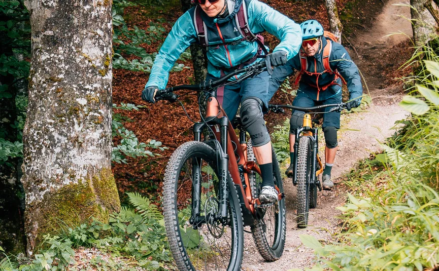 Zwei Mountainbiker fahren auf einem Waldweg bergab