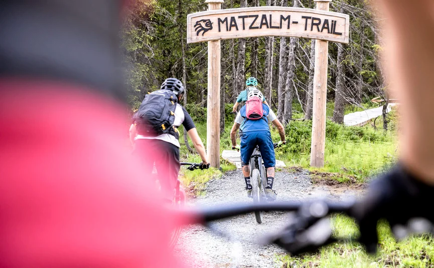 Mountain bikers riding on the Matzalm Trail through the forest