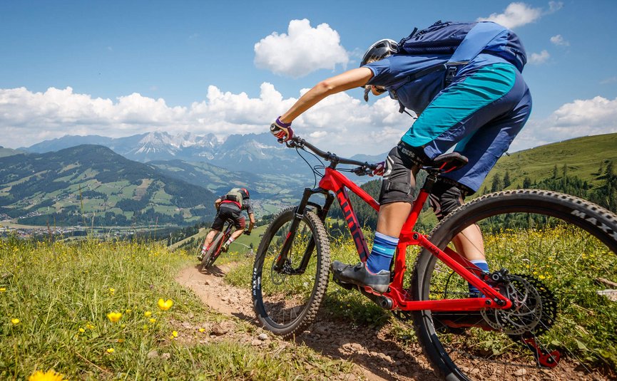 Zwei Mountainbiker fahren auf einem Bergpfad mit Alpen im Hintergrund