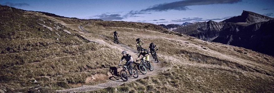 Vijf mountainbikers rijden op een pad in alpien berglandschap