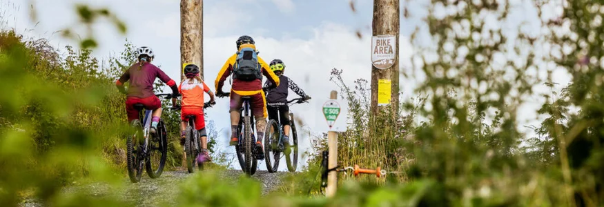 BEST OF Familien-Bikeurlaub © Klemens König Vier Radfahrer fahren den Schweinestberg-Trail bergauf