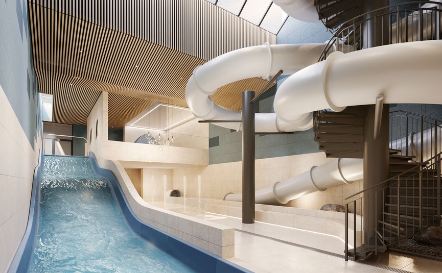 Modern indoor water park with slide and spiral staircase