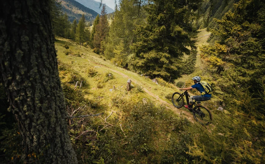 Mountain biker riding on narrow forest trail in the mountains