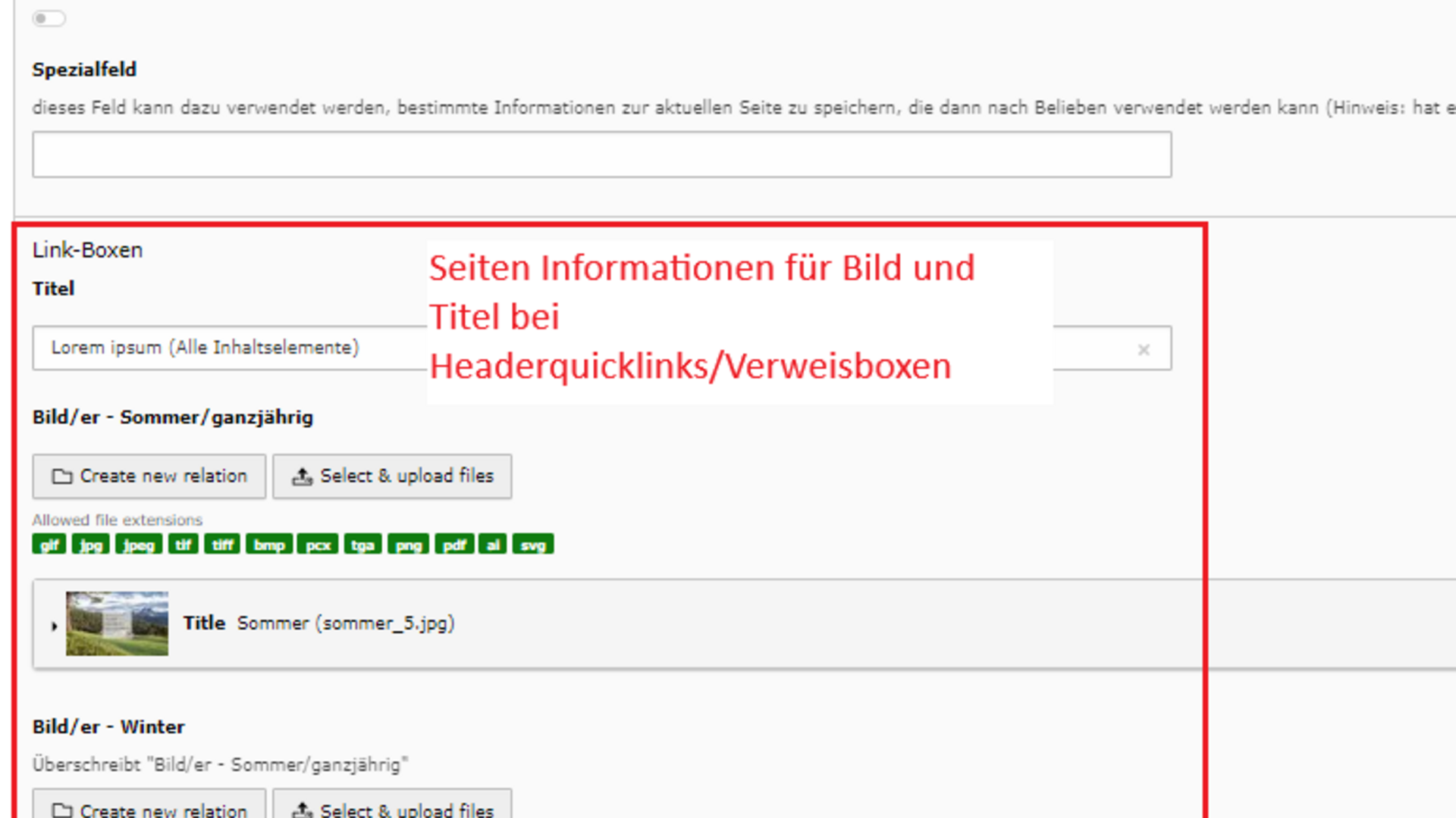 Header Einstellungen für Link-Boxen mit Bildern und Titeln zu Sommer und Winter