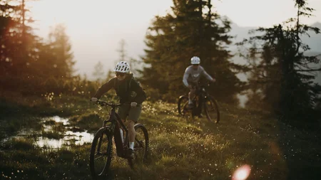 Zwei Fahrradfahrer mit Helmen fahren bei Sonnenuntergang durch einen Wald