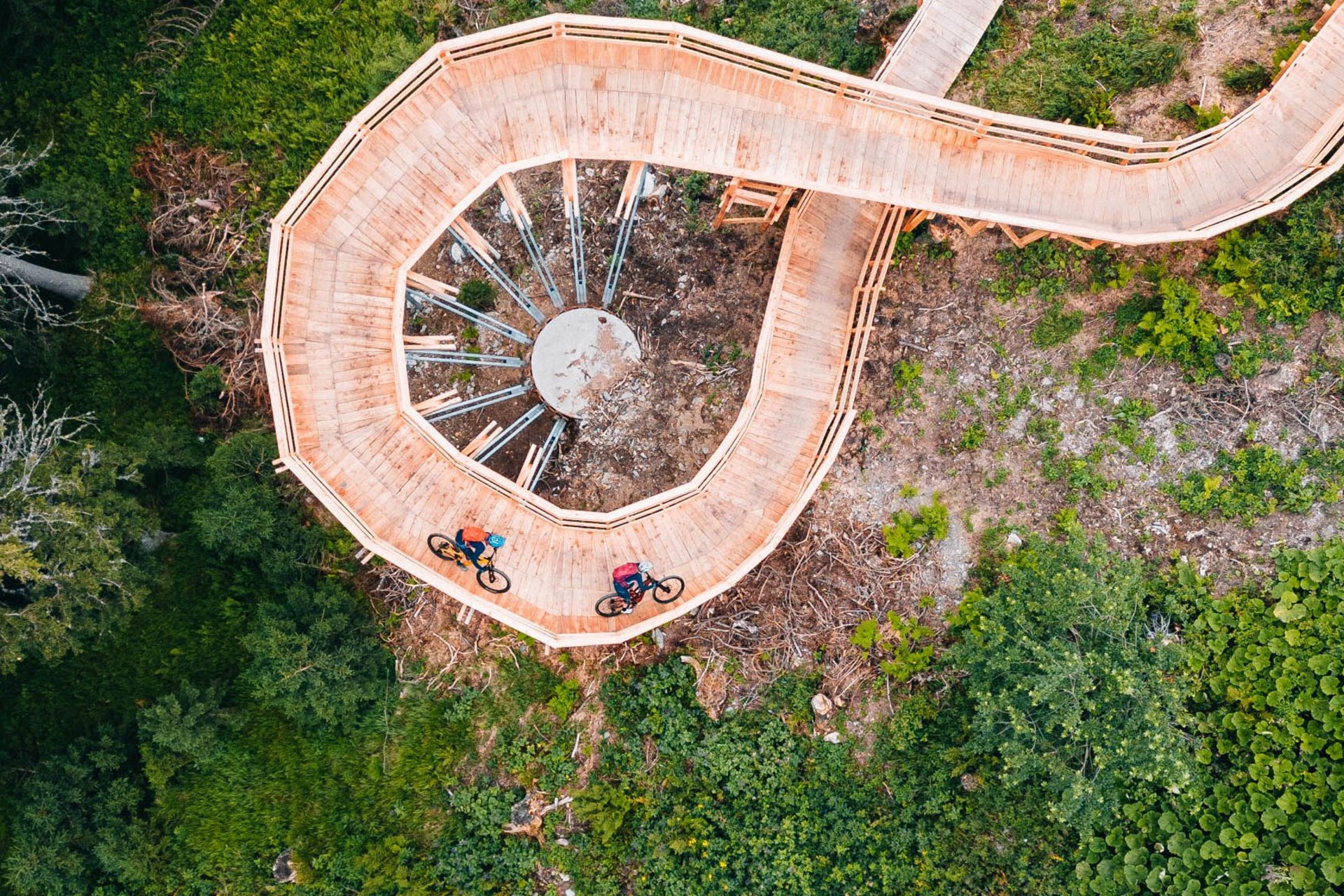Cyclists on spiral wooden bridge in green forest
