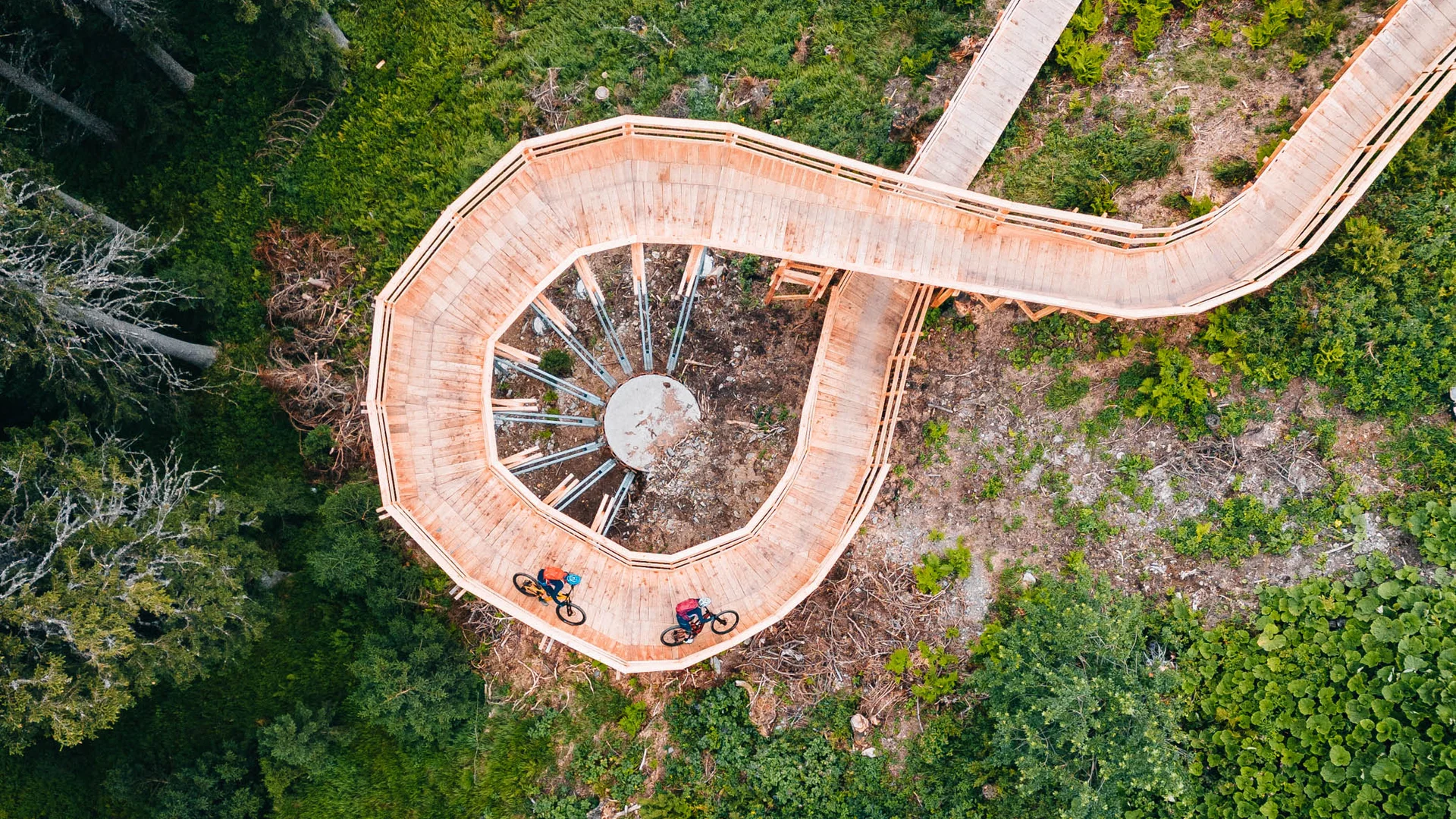 Radfahrer auf spiralförmiger Holzbrücke in grünem Wald
