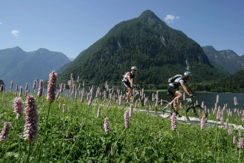 Twee fietsers rijden op een pad langs een meer met bergen op de achtergrond.