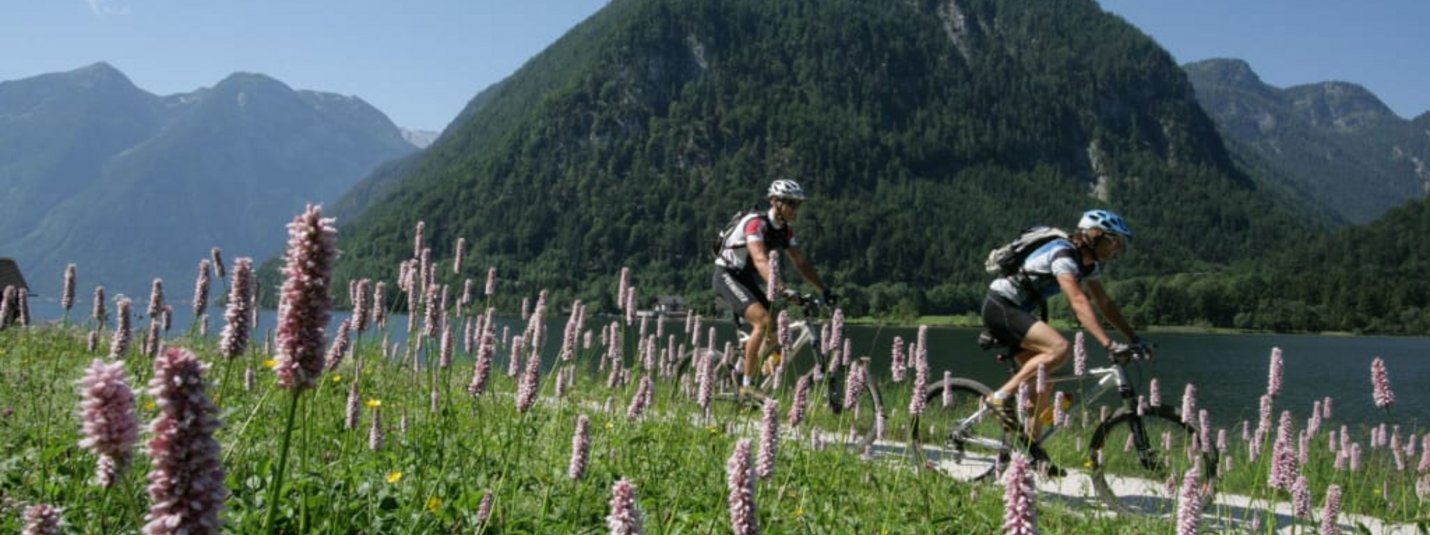 E-Mountainbike-Week Two cyclists ride on a path along a lake with mountains in the background.