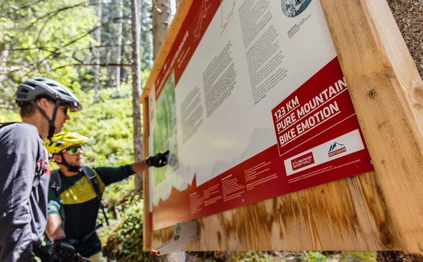 Zwei Mountainbiker schauen sich eine Infotafel mit Streckenplan an