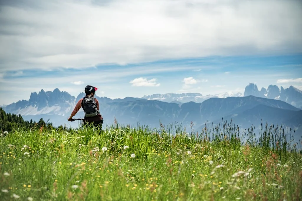 Cyclist with helmet views mountain range over a blooming meadow