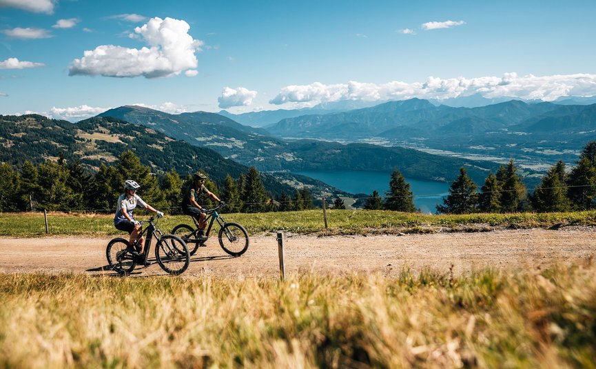 Two cyclists on mountain path with lake and Alps in background