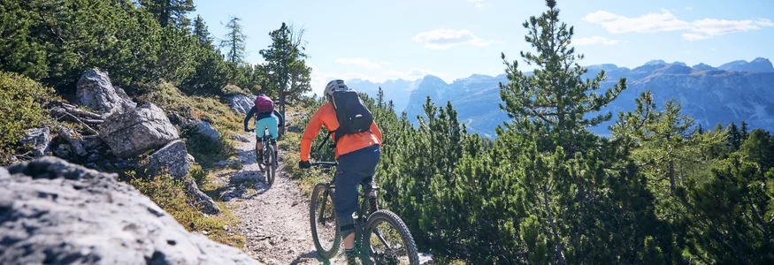 Twee mountainbikers op een zonnig bergpad
