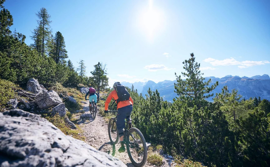 Zwei Mountainbiker fahren auf einem Bergweg bei sonnigem Wetter