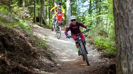 Ready to ride: Das ist neu in Österreichs größter Bike-Region © Klemens König Drei Mountainbiker fahren auf einem Waldweg bergab
