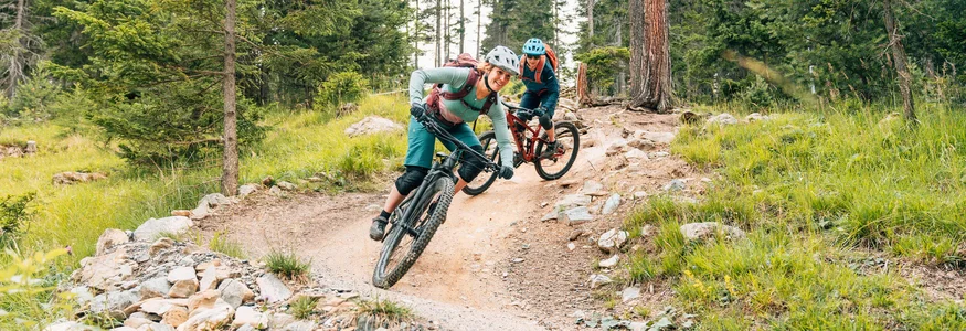 Zwei Mountainbiker fahren auf einem Waldweg bergab